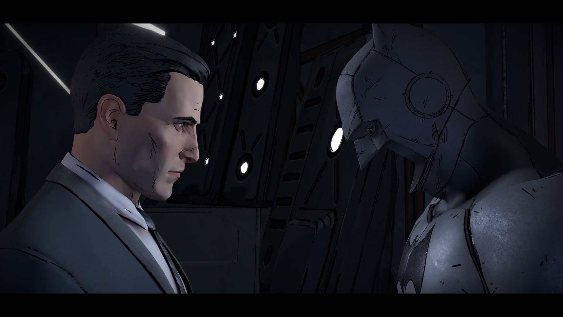 bruce wayne facing batman suit